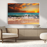 72948-MGV-CV-36X24-Ocean Sunset Wave Wall Art – Dramatic Seascape Canvas Print with Golden Sky and Crashing Waves, Coastal Beach Decor for Living