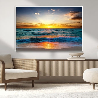 50627-MGV-CV-36X24-Ocean Sunset Wall Art – Serene Beach Canvas Print with Waves and Golden Sky, Coastal Decor for Living Room or Office