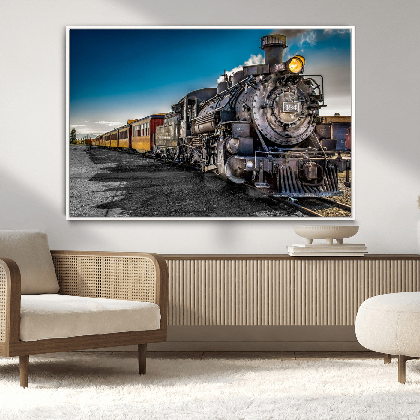 83325-MGV-CV-36X24-Vintage Steam Train Wall Art – Classic Locomotive Canvas Print, Industrial Railway Decor for Living Room or Office