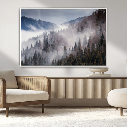 18459-MGV-CV-36X24-Misty Pine Forest Wall Art – Serene Mountain Landscape Canvas Print, Tranquil Nature Artwork for Living Room, Bedroom, Cabin or