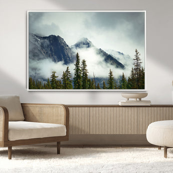93219-MGV-CV-36X24-Misty Mountain Wall Art – Foggy Pines and Rocky Peaks Canvas Print, Nature Landscape Decor for Living Room, Office or Bedroom