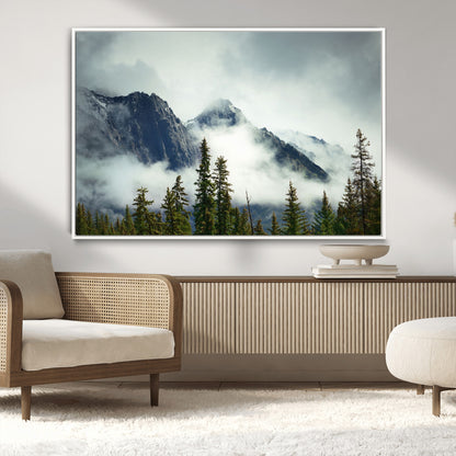 93219-MGV-CV-36X24-Misty Mountain Wall Art – Foggy Pines and Rocky Peaks Canvas Print, Nature Landscape Decor for Living Room, Office or Bedroom
