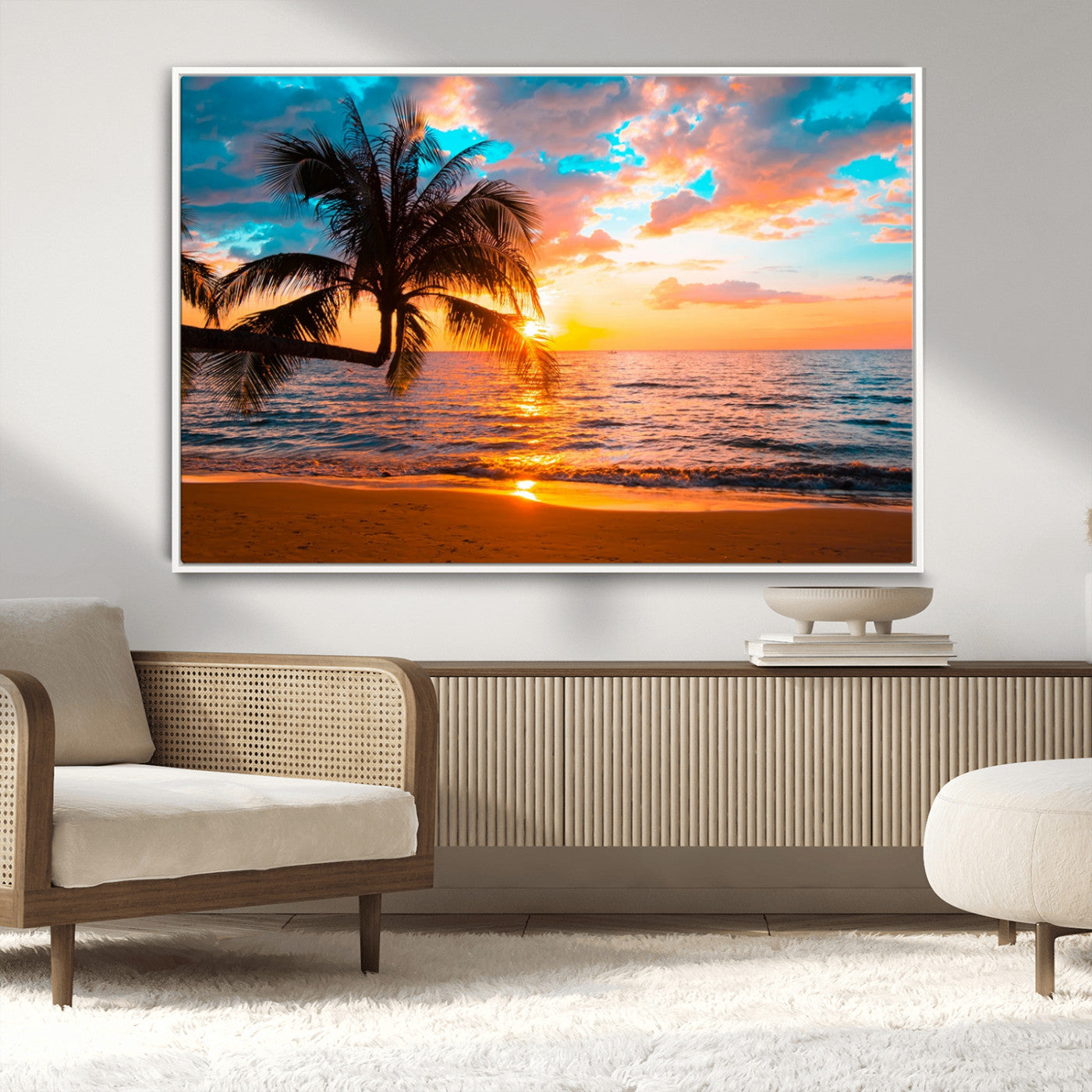 34674-MGV-CV-36X24-Tropical Sunset Beach Wall Art – Palm Tree Ocean Canvas Print, Coastal Seascape Decor for Living Room or Office Wall
