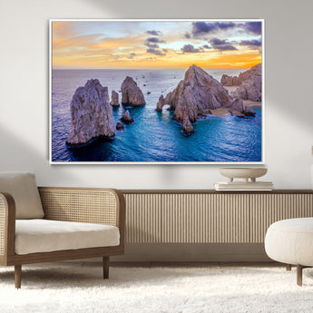 72955-MGV-CV-36X24-Ocean Rock Formation Wall Art – Sunset Coastal Seascape Print, Beach Landscape Decor for Living Room or Office