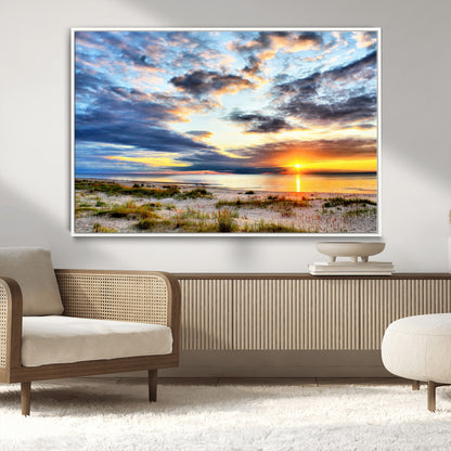 39645-MGV-CV-36X24-Golden Beach Sunset Wall Art – Serene Ocean Horizon Canvas Print, Coastal Nature Landscape Decor for Living Room, Bedroom or