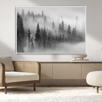 57235-MGV-CV-36X24-Misty Pine Forest Wall Art – Black and White Mountain Landscape Canvas Print, Nature Woodland Decor for Living Room, Bedroom or