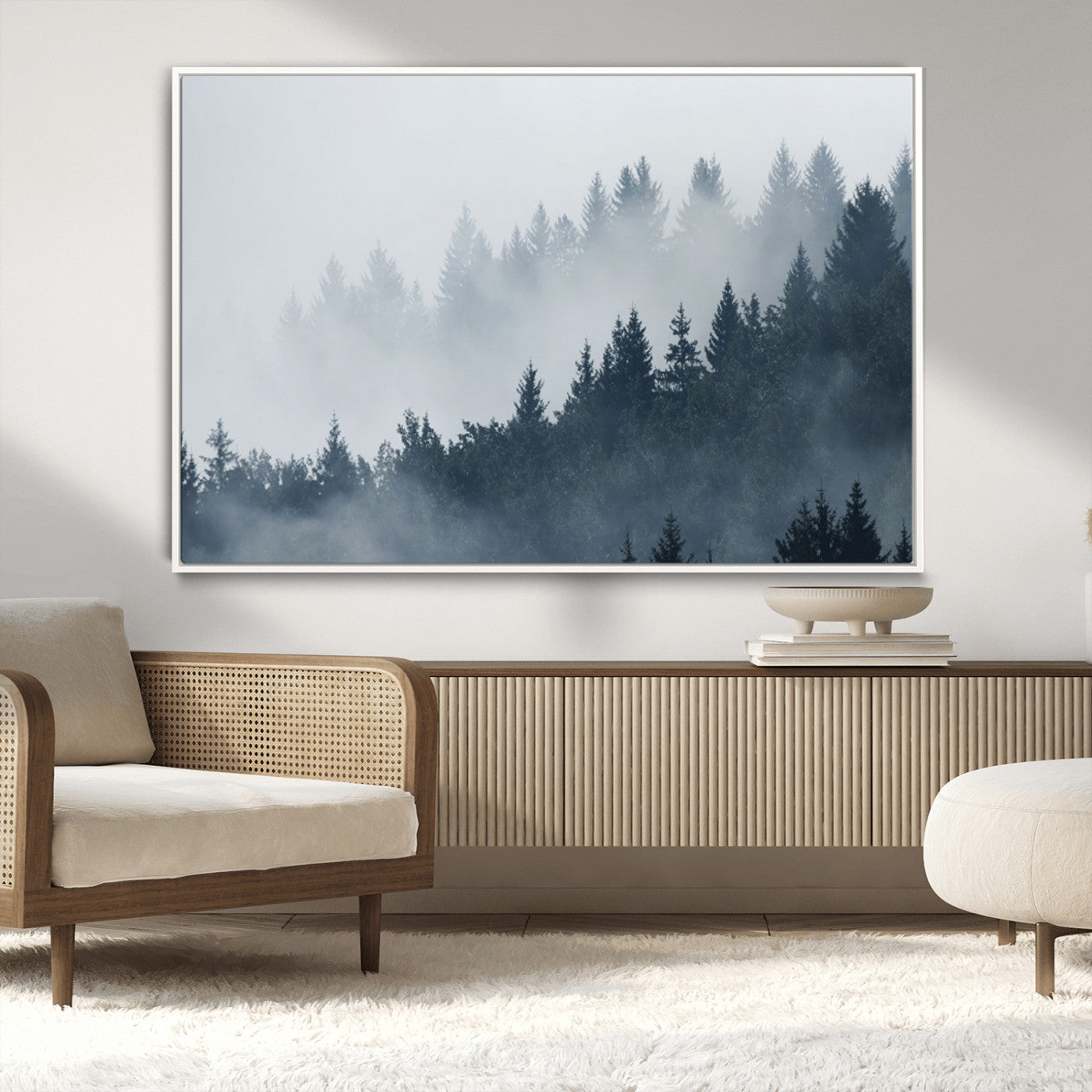 23671-MGV-CV-36X24-Misty Forest Wall Art – Serene Foggy Pine Trees Landscape Canvas Print, Tranquil Nature Decor for Living Room, Bedroom or Office