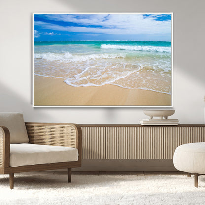 20660-MGV-CV-36X24-Ocean Wave Beach Wall Art – Serene Blue Sea and Sandy Shore Canvas Print, Coastal Landscape Photography Decor for Living Room or