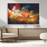 45085-MGV-CV-36X24-Surreal Cosmic Wall Art – Abstract Galaxy Dreamscape Canvas Print with Man and Dog in Boat, Fantasy Nebula Painting for Living