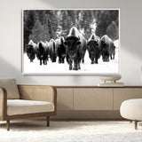 62434-MGV-CV-36X24-Bison Herd Wall Art – Majestic Black and White Buffalo Canvas Print, Wildlife Nature Photography Decor for Living Room, Office or