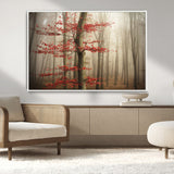 61855-MGV-CV-36X24-Misty Forest Wall Art – Red Tree with Autumn Leaves Canvas Print, Moody Woodland Nature Decor for Living Room, Bedroom, or Office