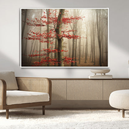 61855-MGV-CV-36X24-Misty Forest Wall Art – Red Tree with Autumn Leaves Canvas Print, Moody Woodland Nature Decor for Living Room, Bedroom, or Office