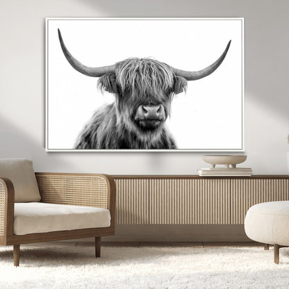 10123-MGV-CV-36X24-Black and White Highland Cow Wall Art – Modern Farmhouse Animal Print, Rustic Scottish Bull Canvas Decor for Living Room, Bedroom,