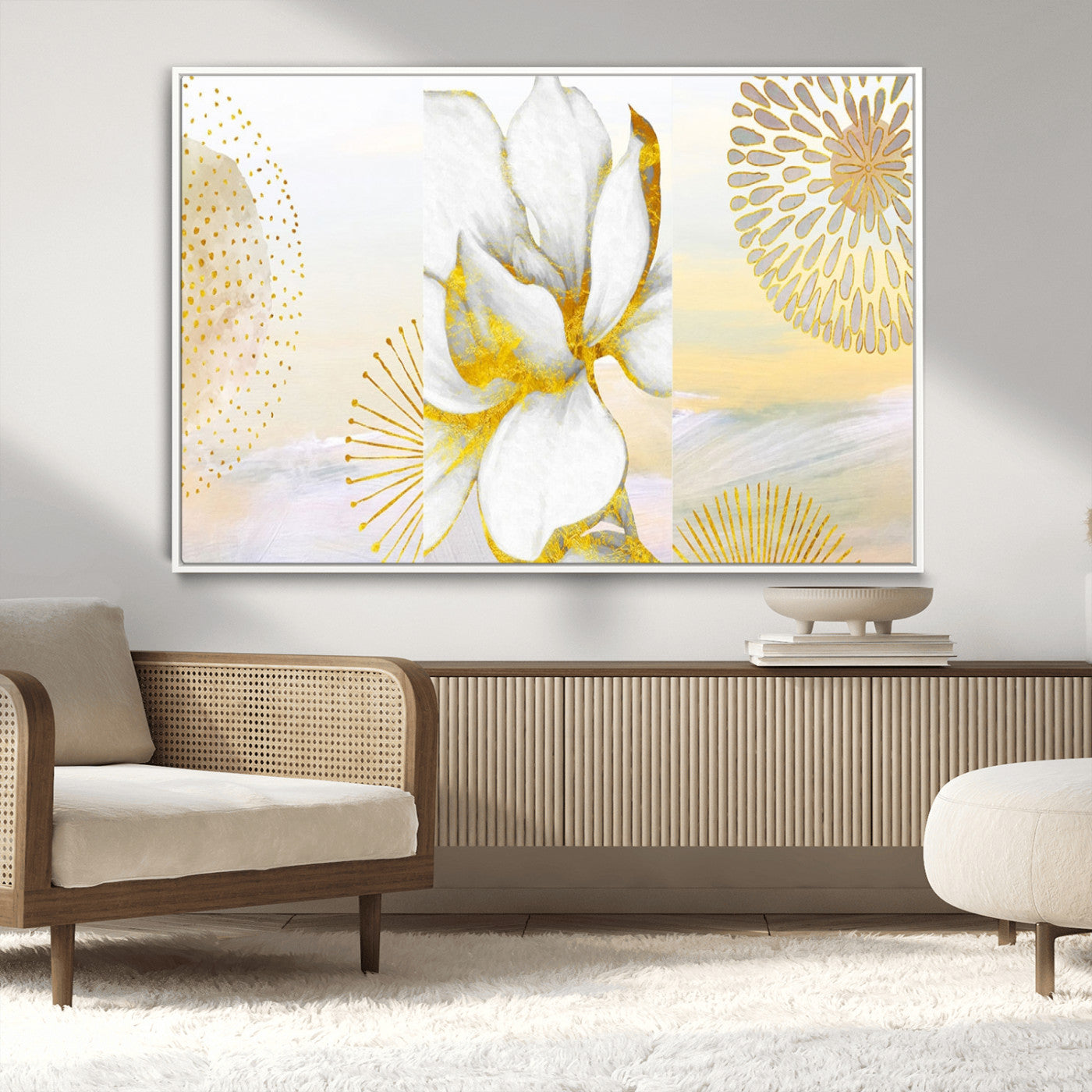 82301-MGV-CV-36X24-Modern Floral Wall Art – White Flower with Gold Detailing Canvas Print, Elegant Abstract Artwork for Living Room, Bedroom, or
