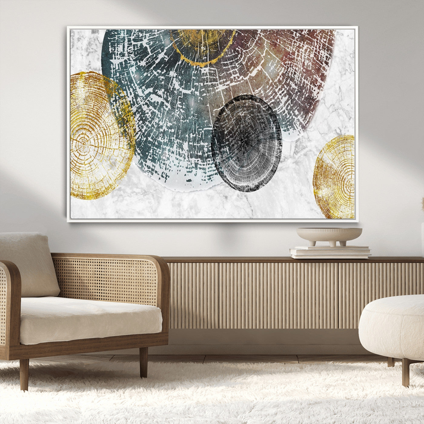 70653-MGV-CV-36X24-Abstract Tree Ring Wall Art – Modern Rustic Wood Slice Canvas Print with Gold Accents, Contemporary Nature Decor for Living Room,