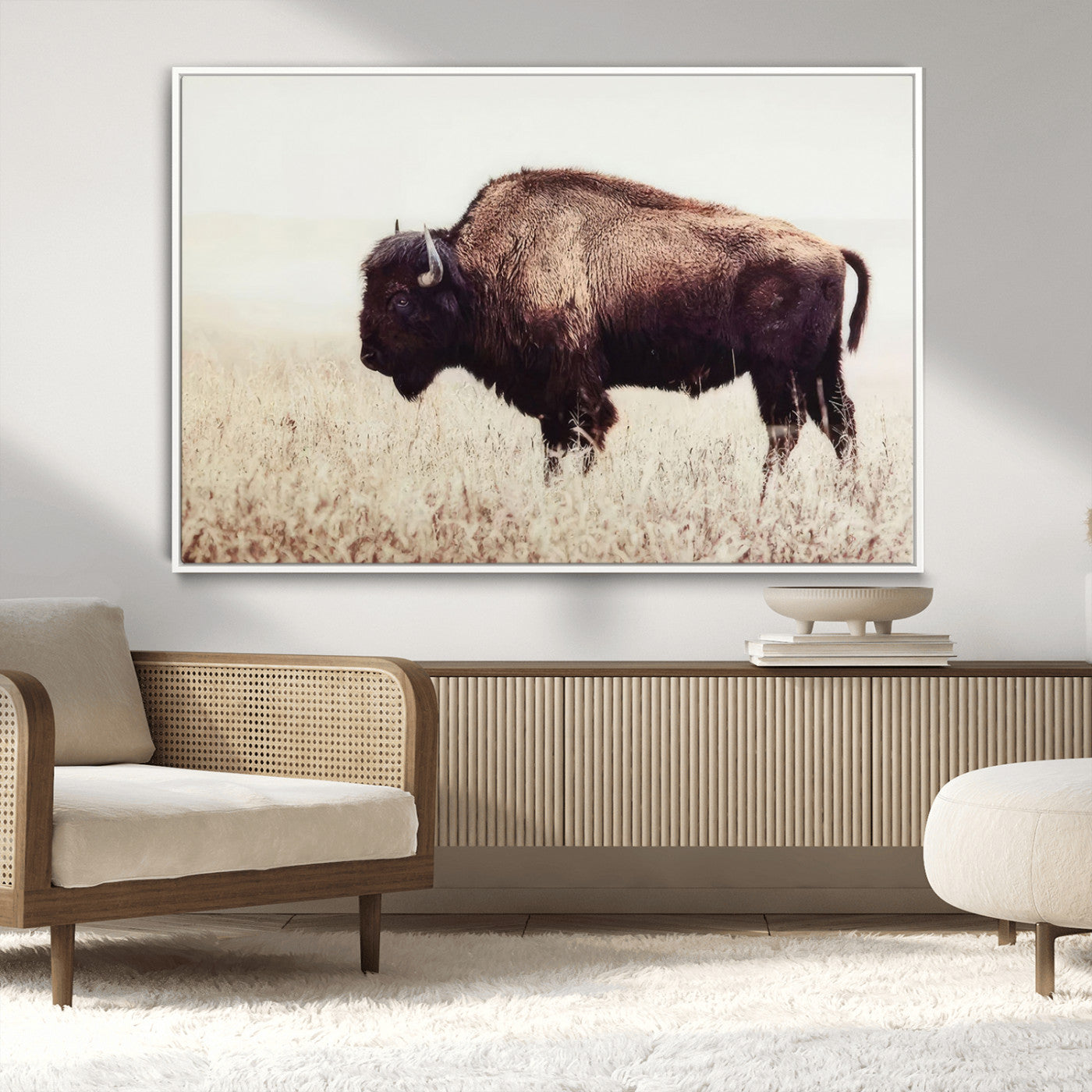 48406-MGV-CV-36X24-American Bison Wall Art – Rustic Buffalo Canvas Print in Prairie Field, Western Wildlife Photography Decor for Cabin, Lodge,