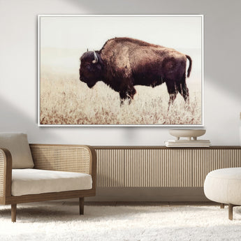 48406-MGV-CV-36X24-American Bison Wall Art – Rustic Buffalo Canvas Print in Prairie Field, Western Wildlife Photography Decor for Cabin, Lodge,