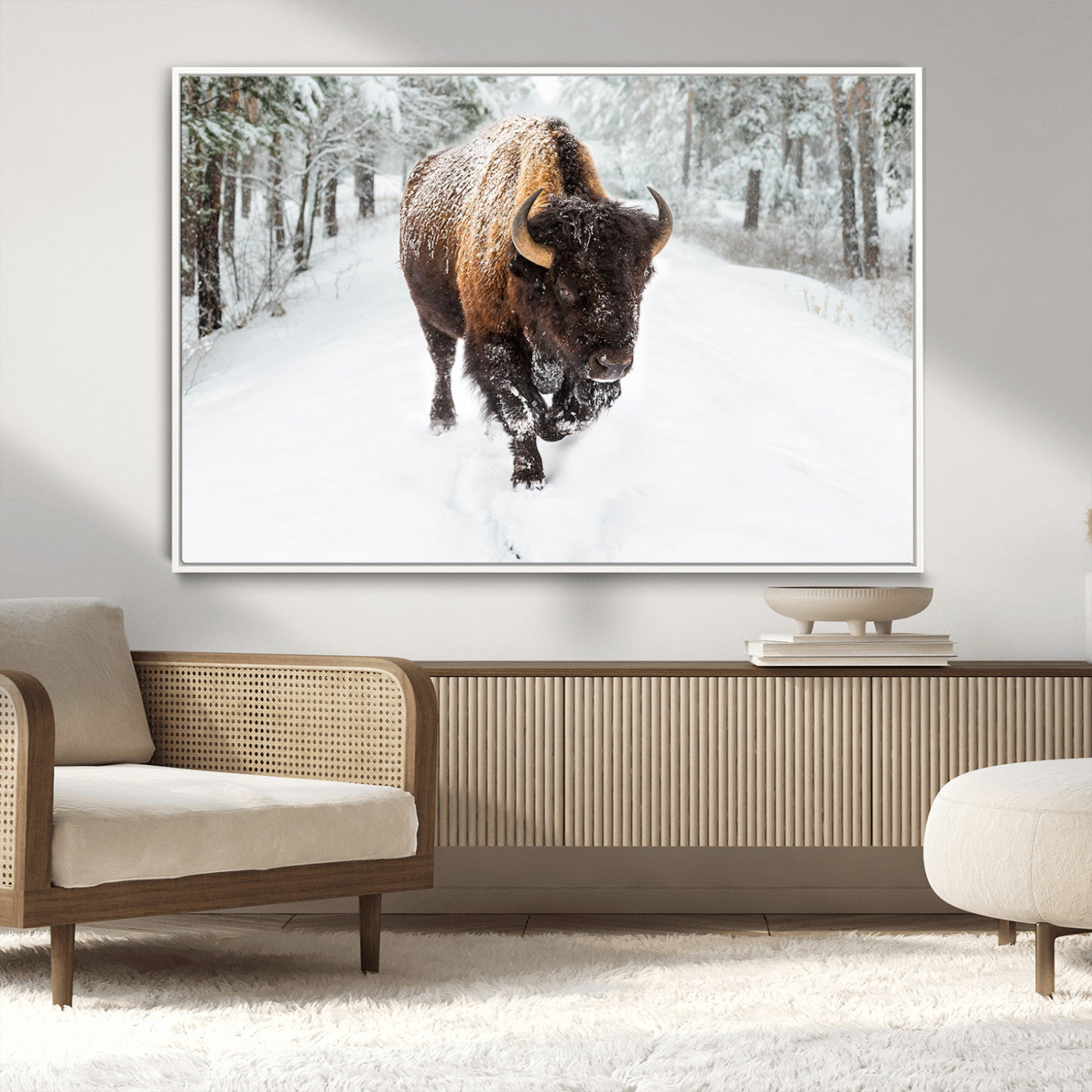 10109-MGV-CV-36X24-Majestic Bison Winter Wall Art – Snowy Forest Buffalo Canvas Print, Rustic Wildlife Photography Decor for Cabin, Lodge, Living