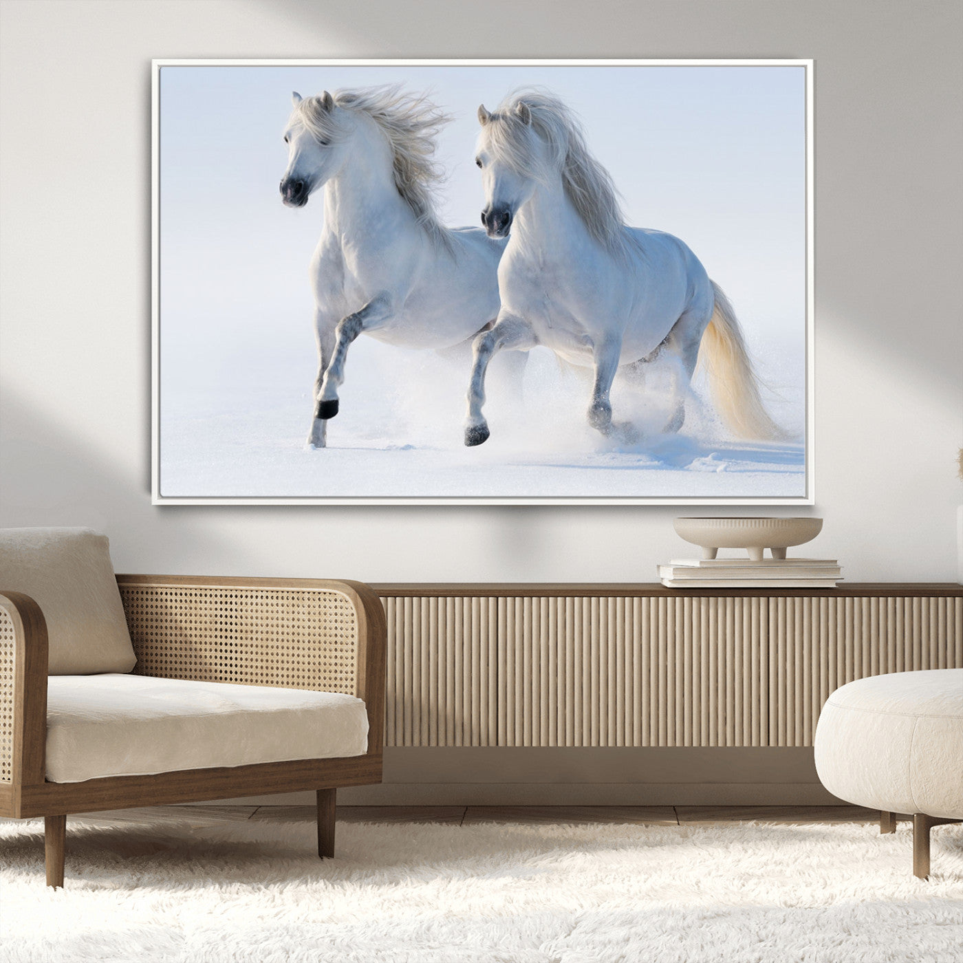 80145-MGV-CV-36X24-White Horses Running Snow Wall Art – Majestic Equine Canvas Print, Winter Nature Photography Decor for Living Room, Office,