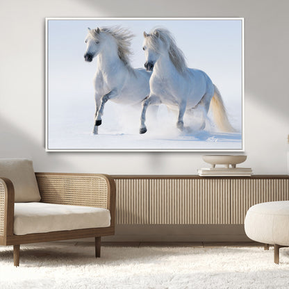 80145-MGV-CV-36X24-White Horses Running Snow Wall Art – Majestic Equine Canvas Print, Winter Nature Photography Decor for Living Room, Office,