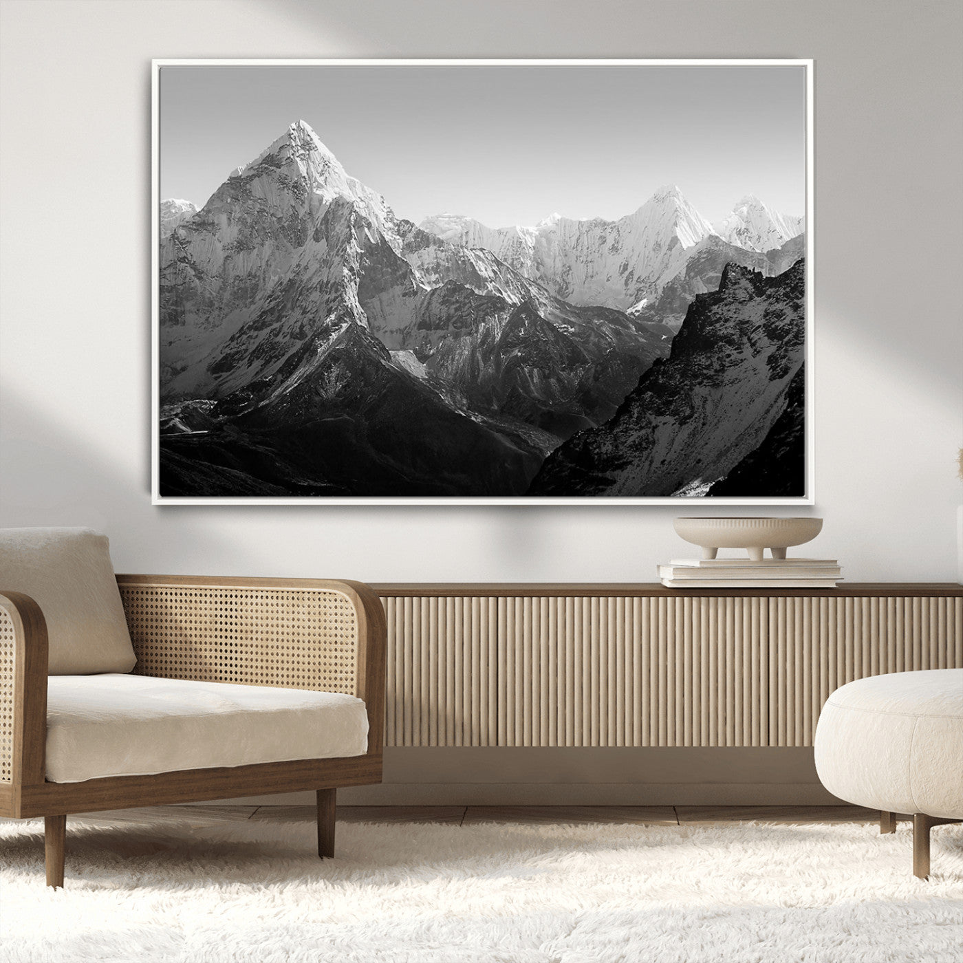 10775-MGV-CV-36X24-Snow Capped Mountain Wall Art – Black and White Canvas Print of Majestic Peaks, Nature Landscape Photography for Office, Bedroom,