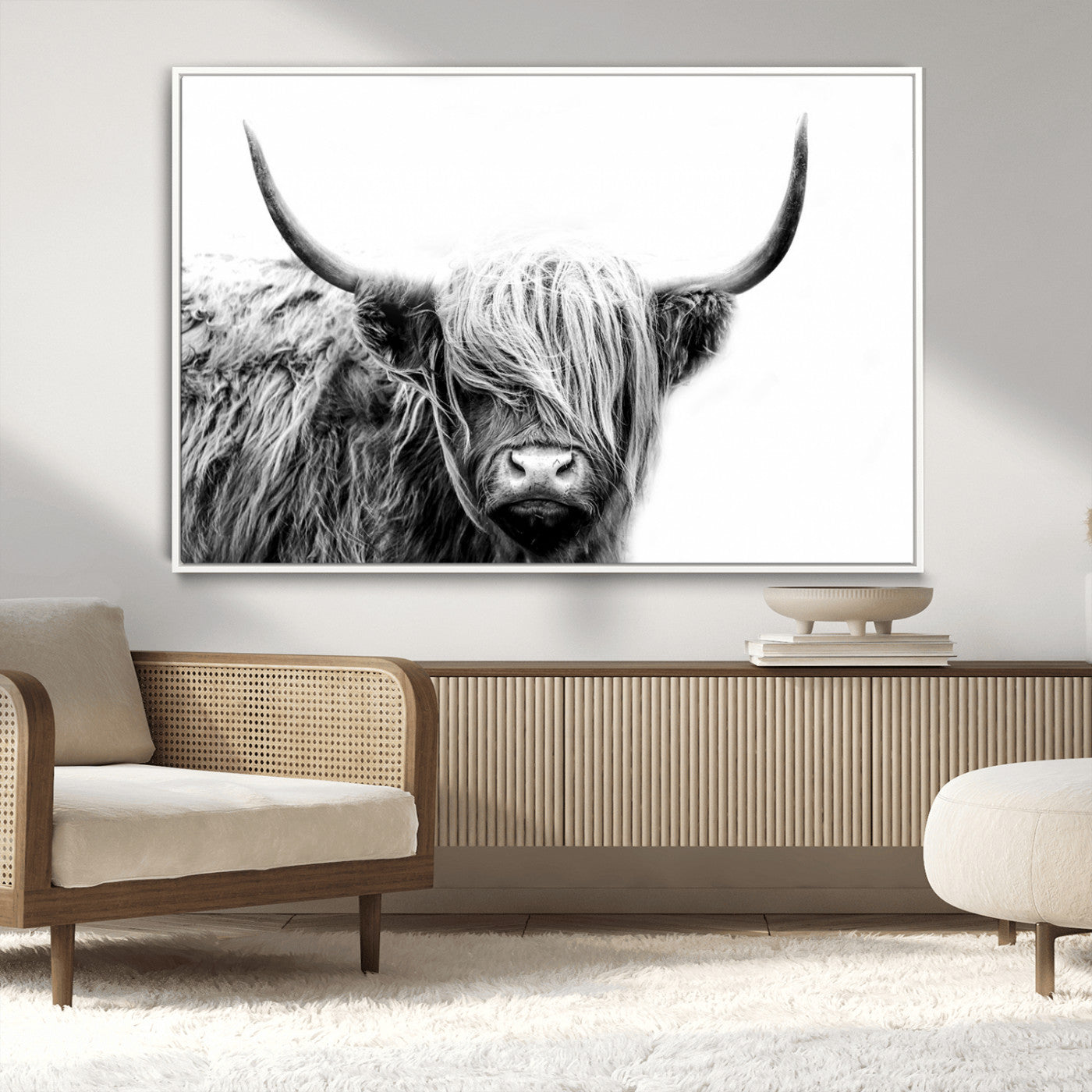 51957-MGV-FC-36X24_White-Highland Cow Wall Art – Black and White Scottish Highland Bull Canvas Print, Rustic Farmhouse Animal Decor for Living Room,
