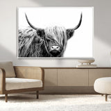 51957-MGV-FC-36X24_White-Highland Cow Wall Art – Black and White Scottish Highland Bull Canvas Print, Rustic Farmhouse Animal Decor for Living Room,