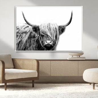 51957-MGV-FC-36X24_White-Highland Cow Wall Art – Black and White Scottish Highland Bull Canvas Print, Rustic Farmhouse Animal Decor for Living Room,