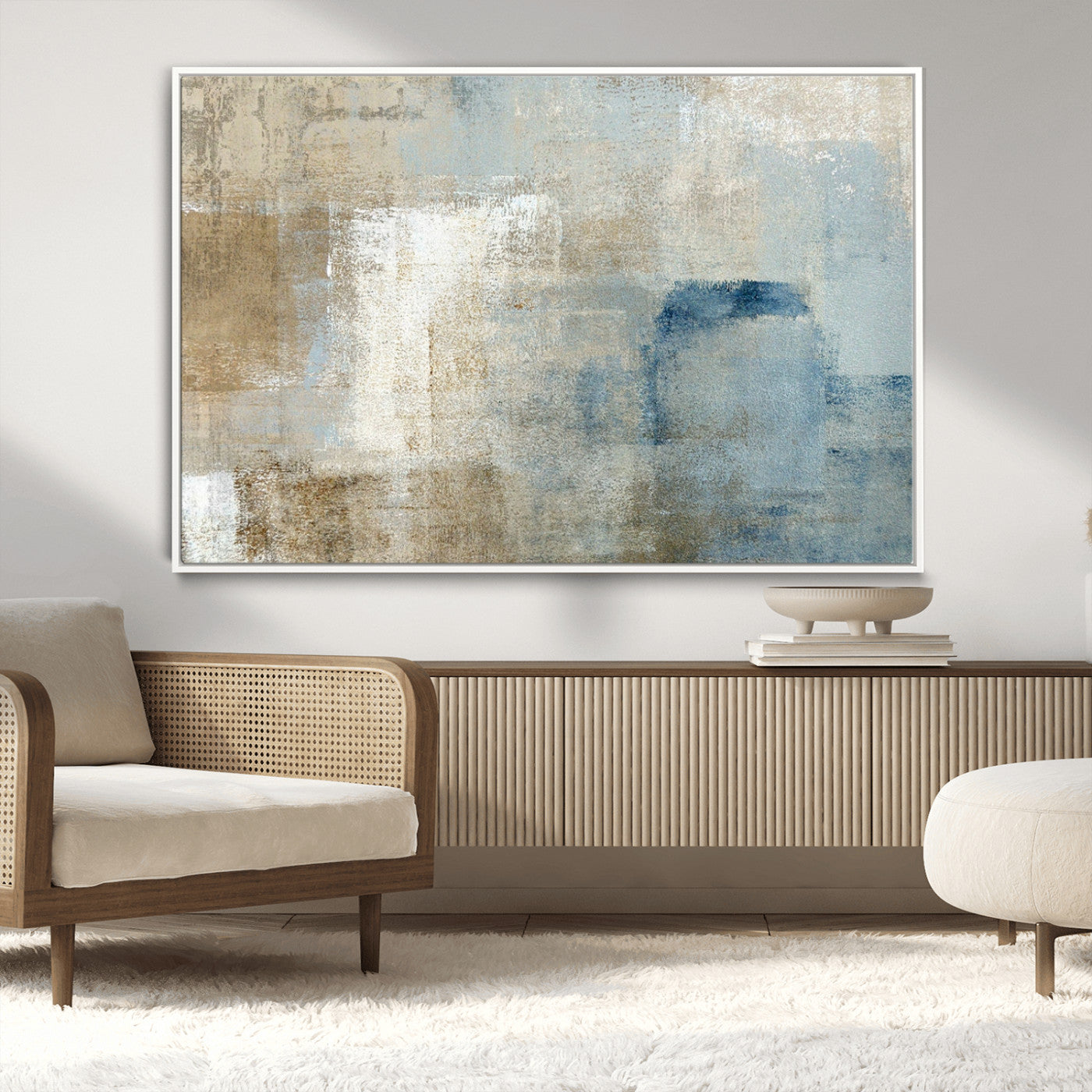 38126-MGV-CV-36X24-Neutral Abstract Wall Art – Modern Beige and Blue Canvas Print and Minimalist Textured Painting for Living Room, Bedroom or Office