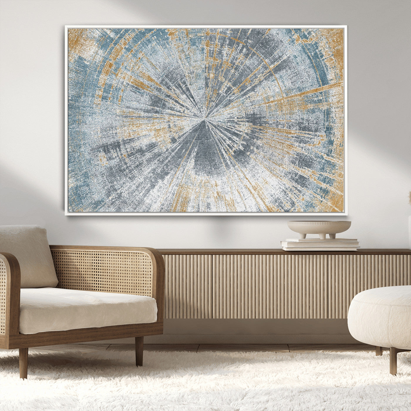 17631-MGV-CV-36X24-Radiant Burst Wall Art – Abstract Sunburst Canvas Print in Blue and Gold, Modern Geometric Painting for Living Room, Office or