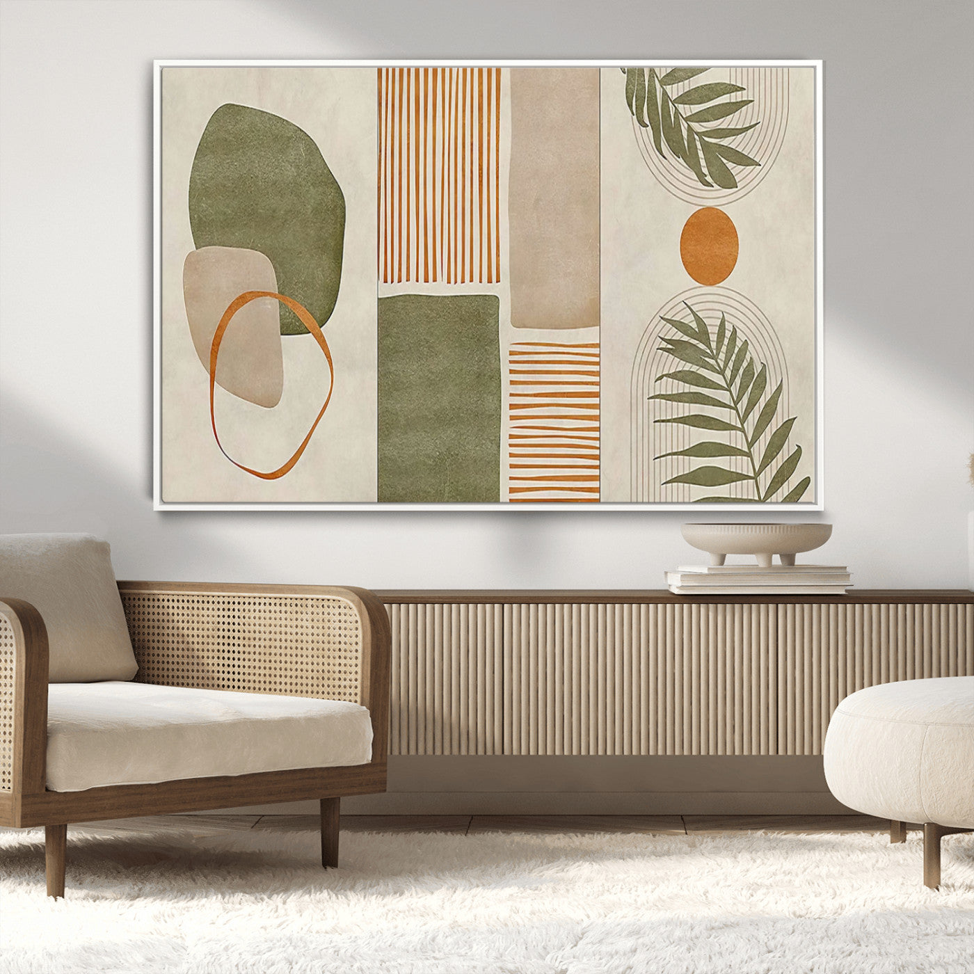 96002-MGV-CV-36X24-Abstract Geometric Wall Art – Modern Canvas Print with Green, Orange & Beige Shapes, Minimalist Home Decor for Living Room, Office