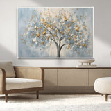 65811-MGV-CV-36X24-Abstract Tree Wall Art – Textured Canvas Painting with Gold and White Leaves, Modern Nature Inspired Decor for Living Room or