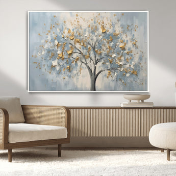 65811-MGV-CV-36X24-Abstract Tree Wall Art – Textured Canvas Painting with Gold and White Leaves, Modern Nature Inspired Decor for Living Room or
