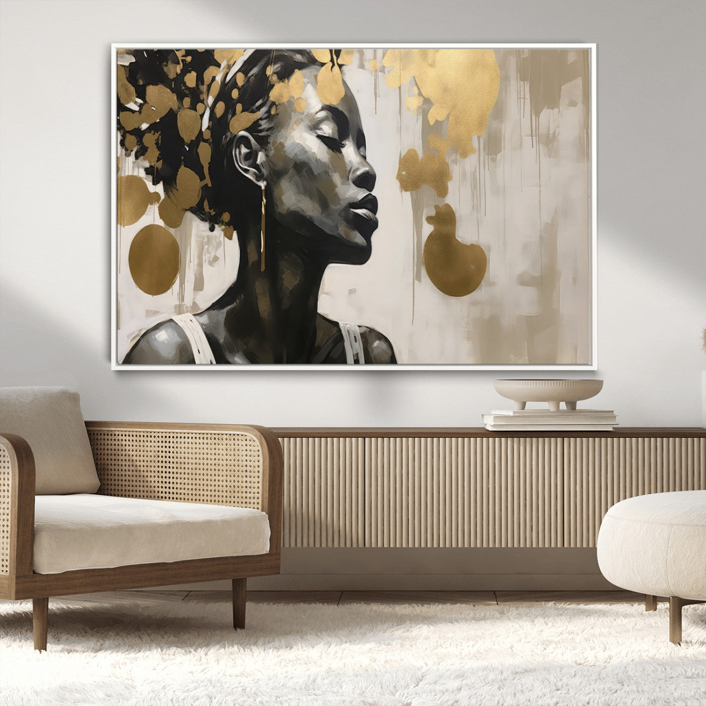 65669-MGV-FC-36X24_White-Elegant Black Woman Wall Art – Modern Abstract Portrait Canvas with Gold Accents, Contemporary Afrocentric Decor for Living Room