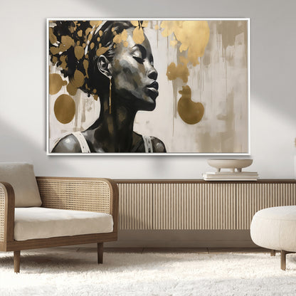 65669-MGV-FC-36X24_White-Elegant Black Woman Wall Art – Modern Abstract Portrait Canvas with Gold Accents, Contemporary Afrocentric Decor for Living Room