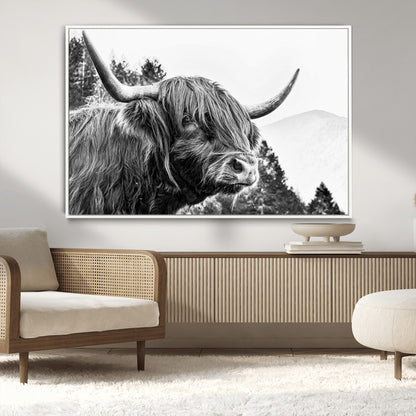 61570-MGV-CV-36X24-Highland Cow Wall Art – Black and White Scottish Bull Canvas Print, Rustic Farmhouse Animal Decor for Living Room, Bedroom, or