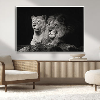 80013-MGV-CV-36X24-Lion and Lioness Wall Art – Black and White Wildlife Photography Canvas Print, African Safari Animal Decor for Office, Bedroom, or