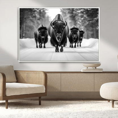 45287-MGV-CV-36X24-Bison Herd Wall Art – Black and White Buffalo Snow Road Canvas Print, Rustic Wildlife Decor for Cabin, Lodge or Living Room