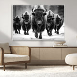 79872-MGV-FC-36X24_White-Bison Herd Wall Art – Black and White Buffalo on Snow Canvas Print, Rustic Wildlife Decor for Lodge, Cabin, or Living Room