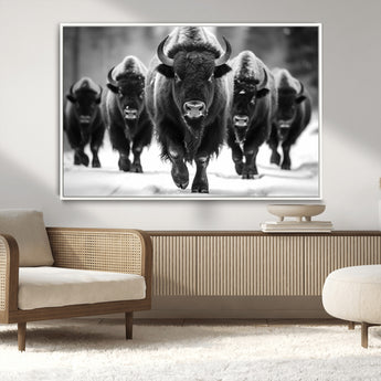 79872-MGV-FC-36X24_White-Bison Herd Wall Art – Black and White Buffalo on Snow Canvas Print, Rustic Wildlife Decor for Lodge, Cabin, or Living Room