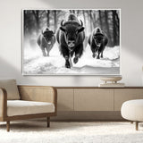 97552-MGV-CV-36X24-Black and White Bison Wall Art – Buffalo Herd Running in Snow Canvas Print, Rustic Wildlife Photography Decor for Cabin, Lodge, or