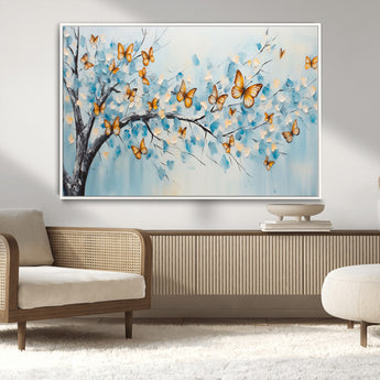 59455-MGV-CV-36X24-Butterfly Tree Branch Wall Art – Blue and Yellow Abstract Canvas Print, Modern Nature Artwork for Living Room, Bedroom or Office