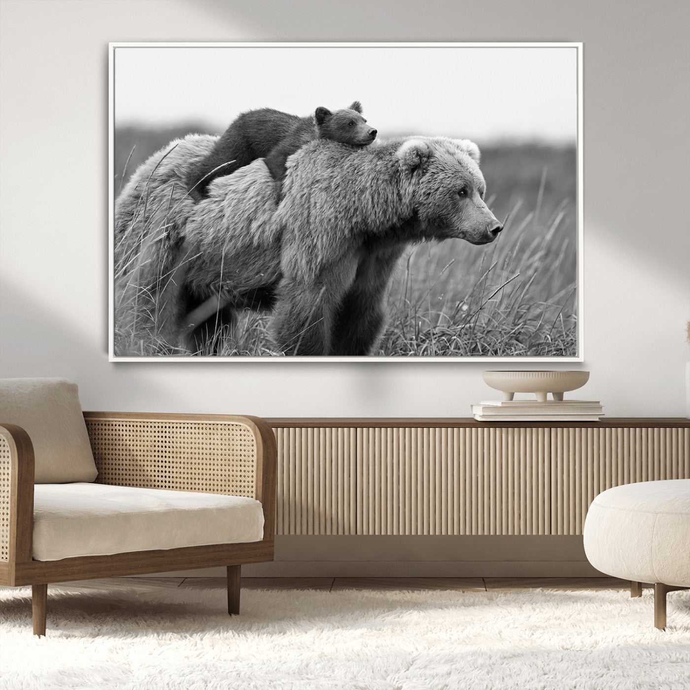 76338-MGV-CV-36X24-Mother Bear and Cub Wall Art – Black and White Wildlife Canvas Print, Rustic Nature Photography for Cabin, Living Room or Office