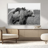 76338-MGV-CV-36X24-Mother Bear and Cub Wall Art – Black and White Wildlife Canvas Print, Rustic Nature Photography for Cabin, Living Room or Office