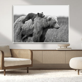 76338-MGV-CV-36X24-Mother Bear and Cub Wall Art – Black and White Wildlife Canvas Print, Rustic Nature Photography for Cabin, Living Room or Office