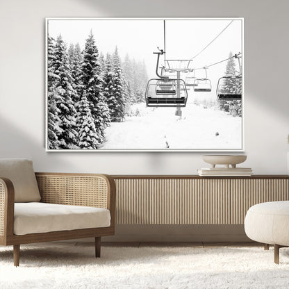 70609-MGV-CV-36X24-Snowy Ski Lift Wall Art – Black and White Winter Mountain Landscape Canvas Print, Rustic Lodge Decor for Cabin, Living Room or