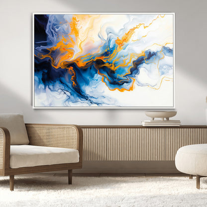 83720-MGV-CV-36X24-Abstract Fluid Wall Art – Blue, White and Gold Swirl Canvas Painting, Modern Contemporary Artwork for Living Room, Bedroom or