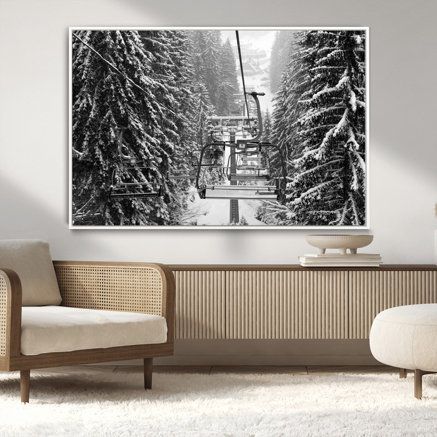 19240-MGV-CV-36X24-Ski Lift Wall Art – Black and White Winter Mountain Canvas Print, Snowy Forest Ski Resort Photography for Cabin, Lodge, Office or
