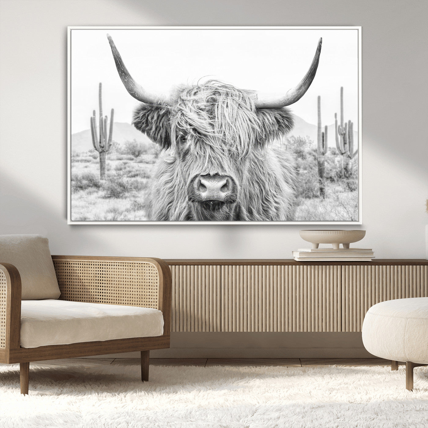 94579-MGV-CV-36X24-Highland Cow Wall Art – Black and White Longhorn Canvas Print, Rustic Western Farmhouse Animal Photography for Living Room,