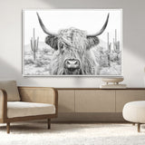 94579-MGV-CV-36X24-Highland Cow Wall Art – Black and White Longhorn Canvas Print, Rustic Western Farmhouse Animal Photography for Living Room,